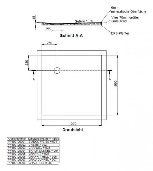 Schedel barriere freie Dusche - Duschboard - Duschwanne Mineraloberfläche 1000x1000 mm, Ablaufposition 230/230 mm
